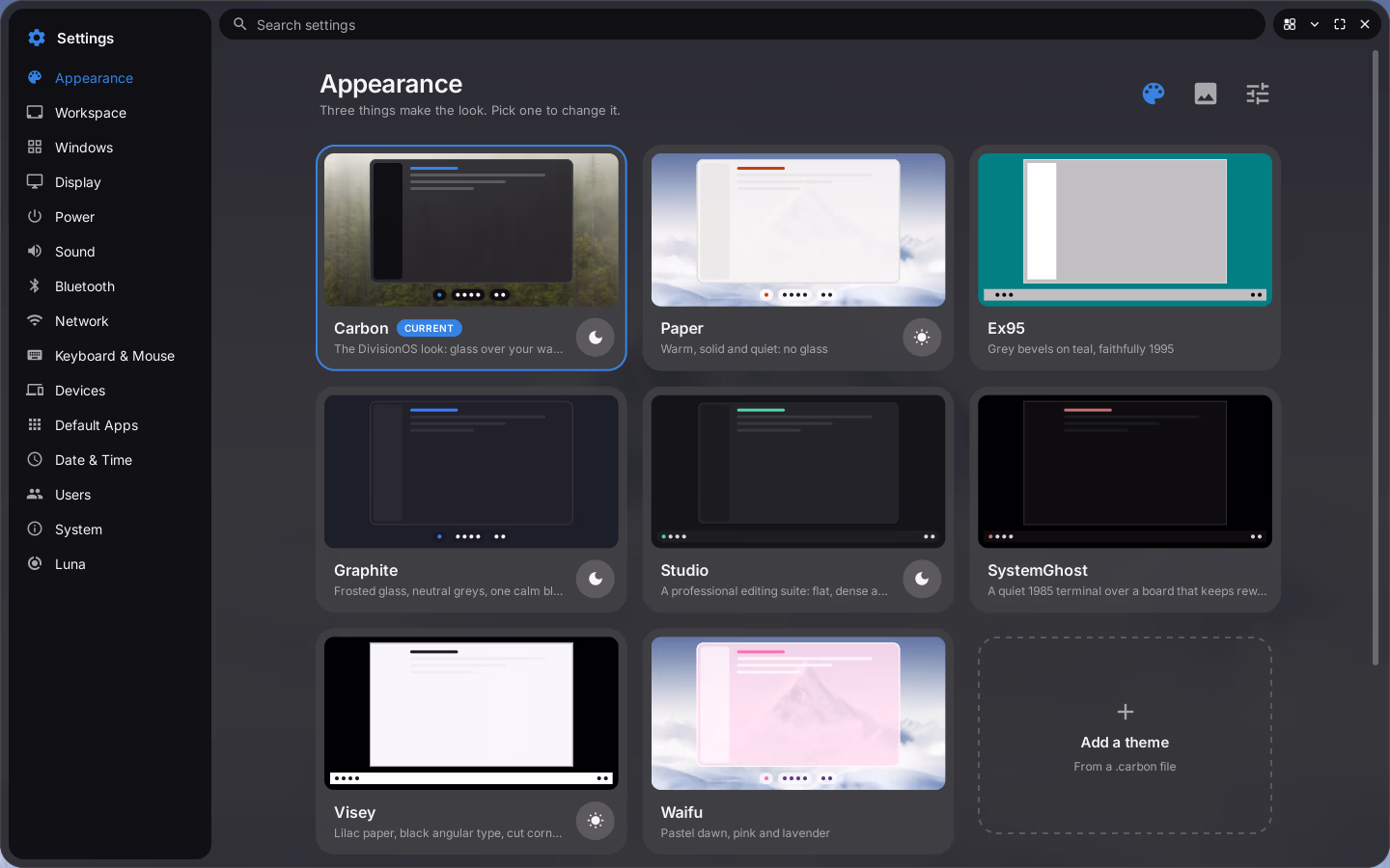 Settings, on the Appearance page with the theme cards